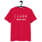 Front view of a red bitcoin t-shirt.