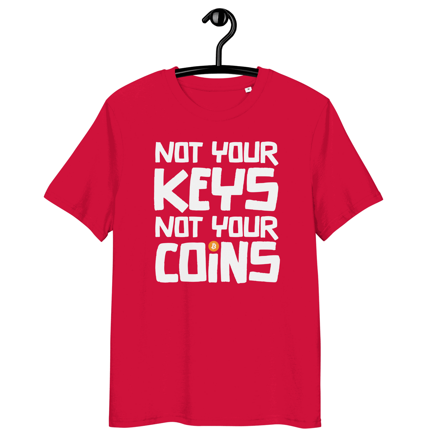 Front view of a red bitcoin t-shirt.