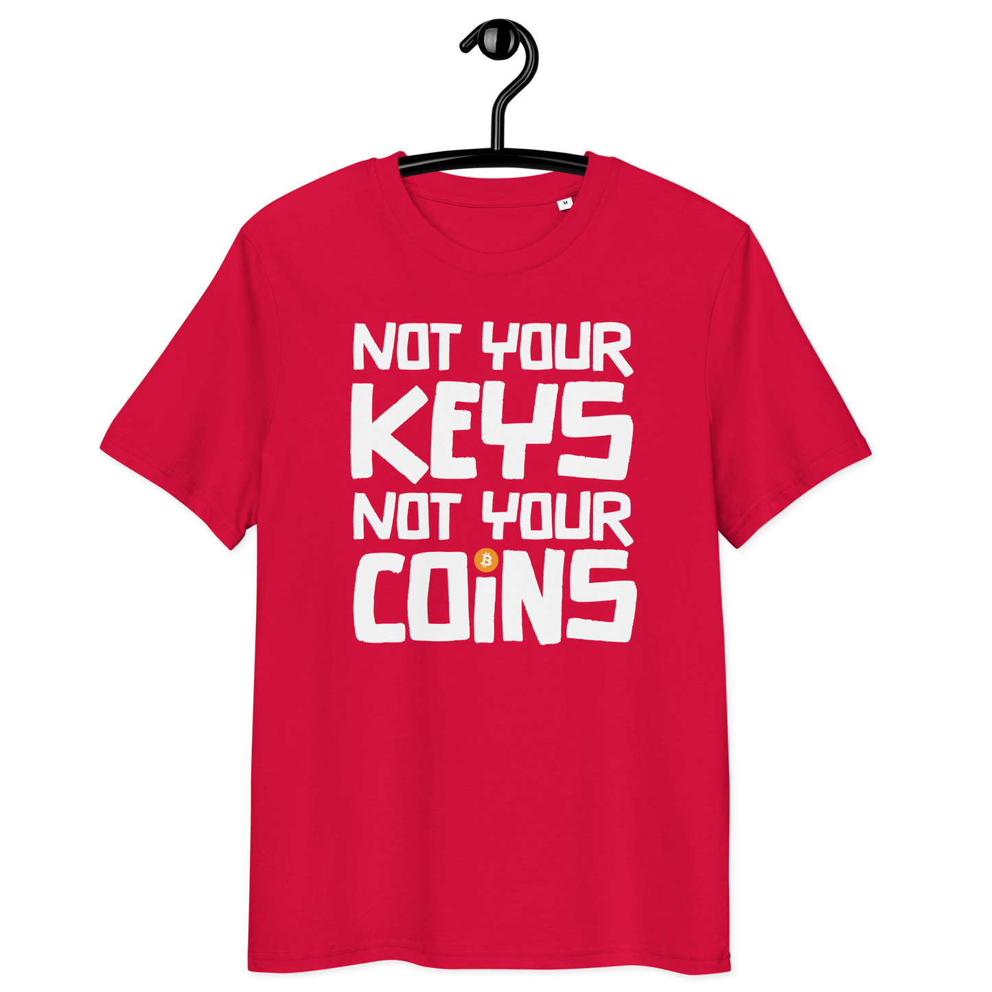 Front view of a red bitcoin t-shirt.