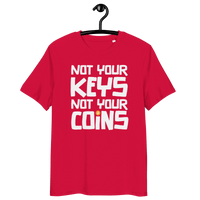Front view of a red bitcoin t-shirt.