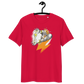 Front view of a red bitcoin t-shirt.