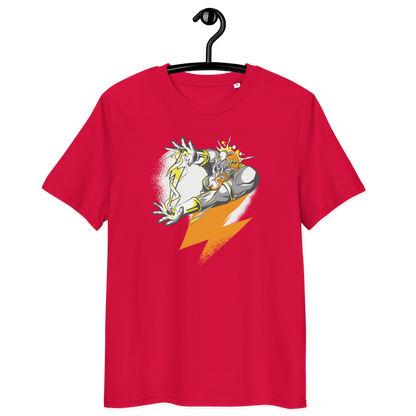 Organic cotton Bitcoin support T-shirt with certification logos for Bitcoin and Lightning Network fans