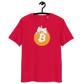 Front view of a red bitcoin t-shirt.