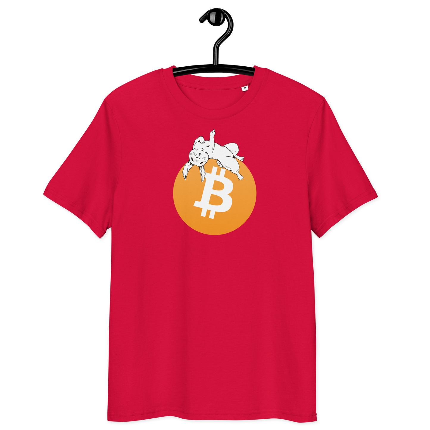 Front view of a red bitcoin t-shirt.