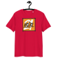 Front view of a red bitcoin t-shirt.