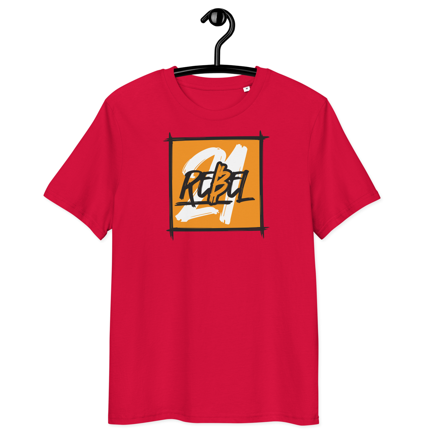 21 Rebel organic cotton bitcoin t-shirt with eco-friendly certification logos