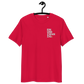 Front view of a red embroidered bitcoin t-shirt.