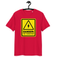 Front view of a red bitcoin t-shirt.