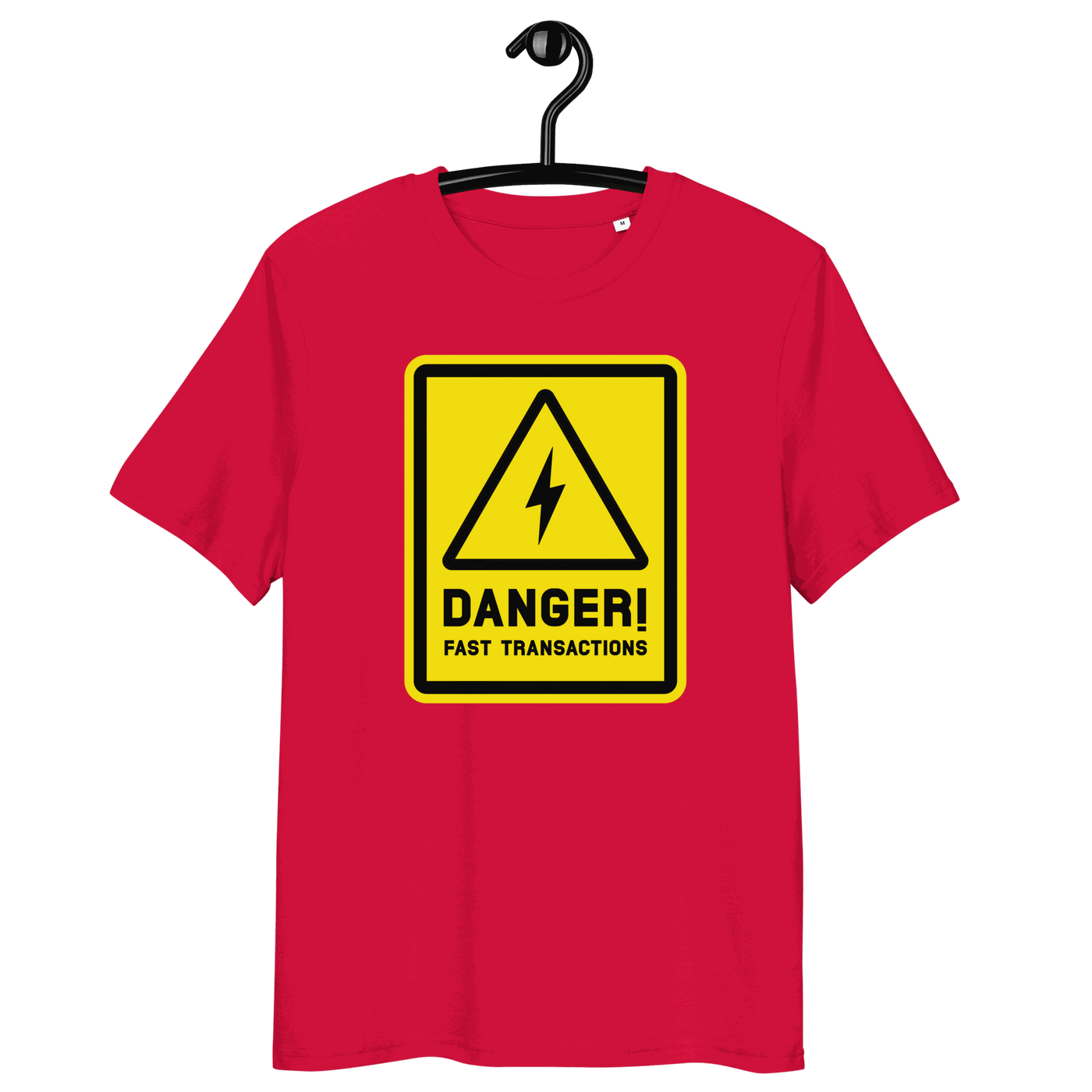 Front view of a red bitcoin t-shirt.