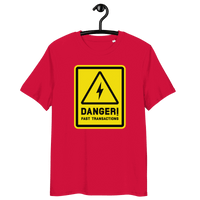 Front view of a red bitcoin t-shirt.
