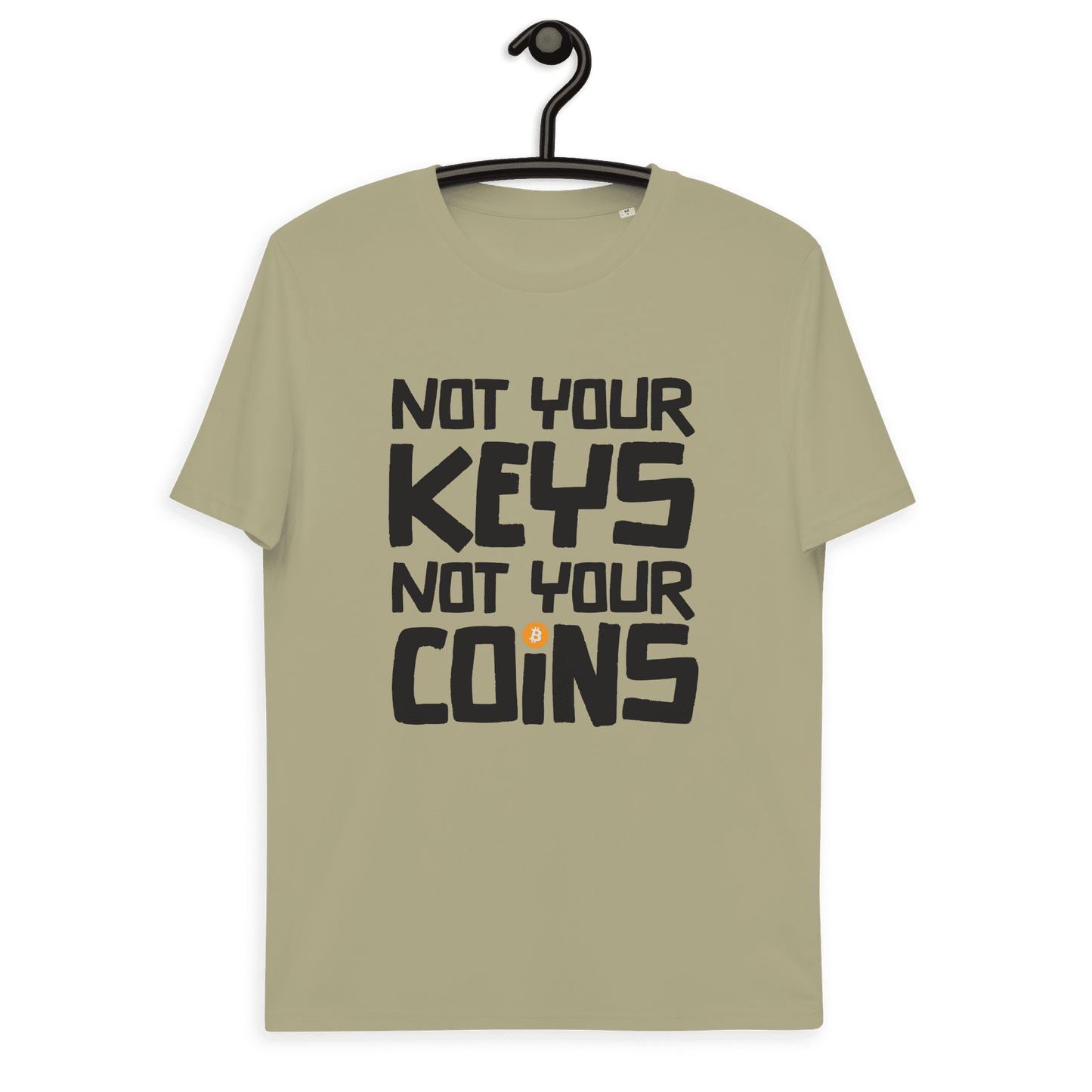 Front view of a sage bitcoin t-shirt.