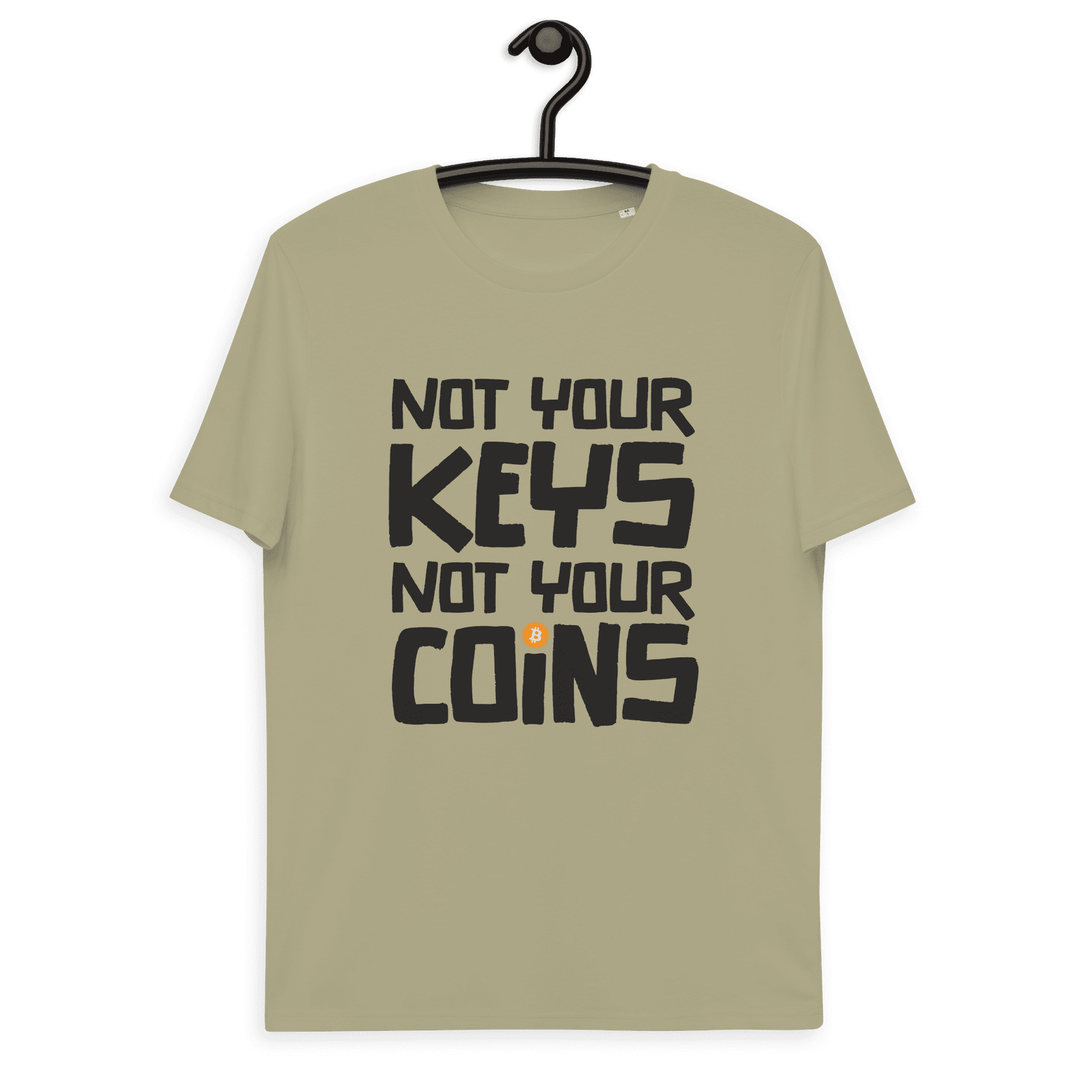 Front view of a sage bitcoin t-shirt.