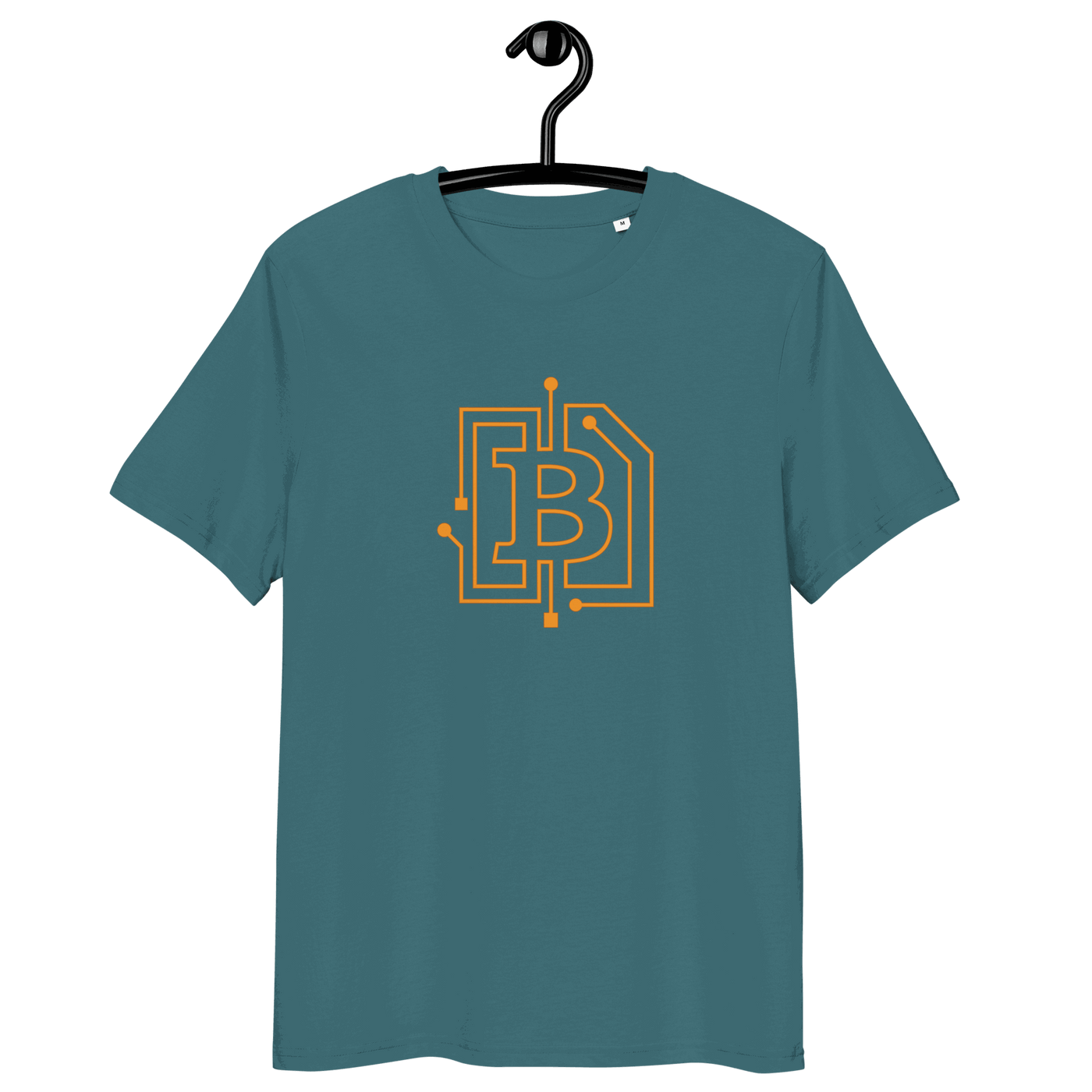 Certification logos for organic cotton bitcoin t-shirt with circuit board design