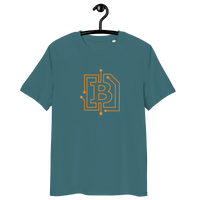 Certification logos for organic cotton bitcoin t-shirt with circuit board design