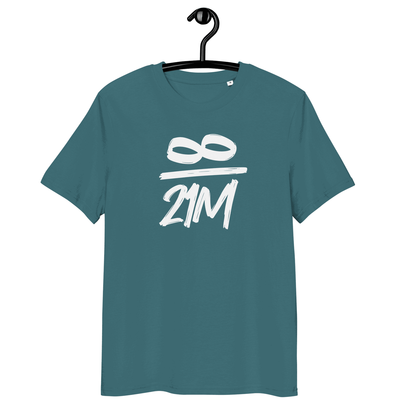 Certified organic cotton 21 Million Bitcoin T-shirt with discreet infinity logo, eco-friendly and unisex fit.