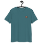 Front view of a stargazer colored embroidered bitcoin t-shirt.