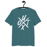 Certification logos for organic cotton Bitcoin t-shirt emphasizing UTXO management and sustainable production
