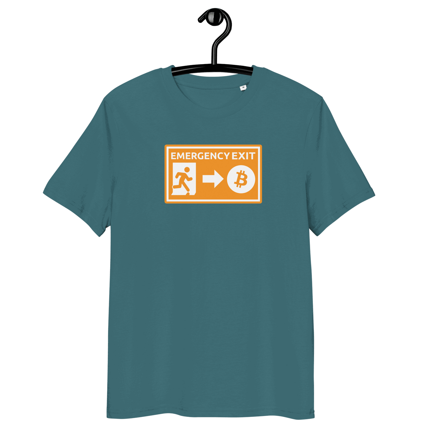 Emergency Exit organic cotton Bitcoin t-shirt with eco-friendly certification logos