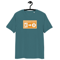 Emergency Exit organic cotton Bitcoin t-shirt with eco-friendly certification logos