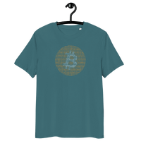 Organic cotton unisex Bitcoin Binary t-shirt with eco-friendly certification logos