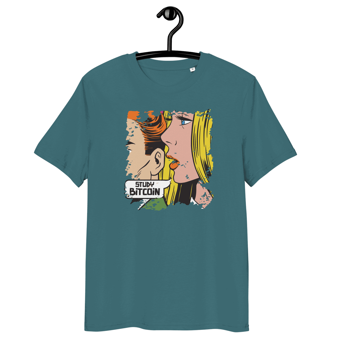 Organic cotton Comic Study Bitcoin T-shirt with eco-friendly certification logos promoting Study Bitcoin message