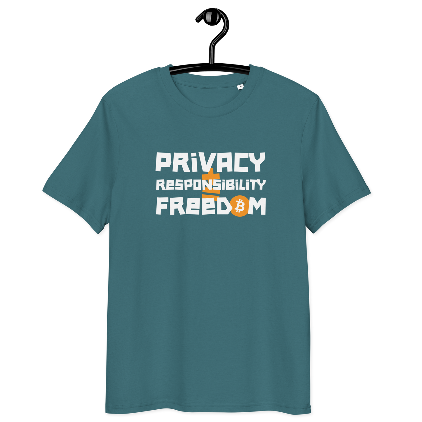 Organic cotton Bitcoin T-shirt with privacy and responsibility message and multiple eco-friendly certifications logos