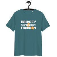 Organic cotton Bitcoin T-shirt with privacy and responsibility message and multiple eco-friendly certifications logos