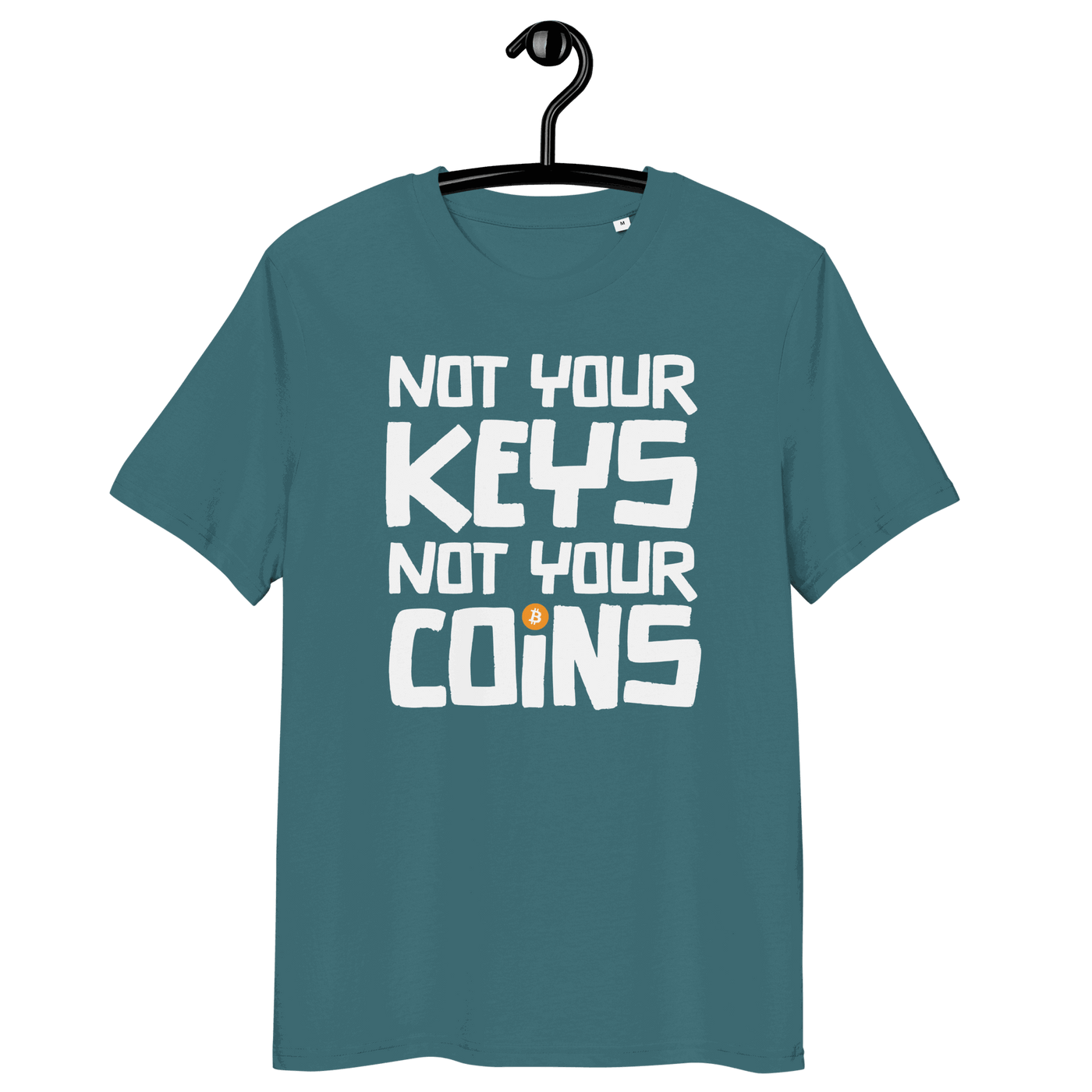 Front view of a stargazer colored bitcoin t-shirt.