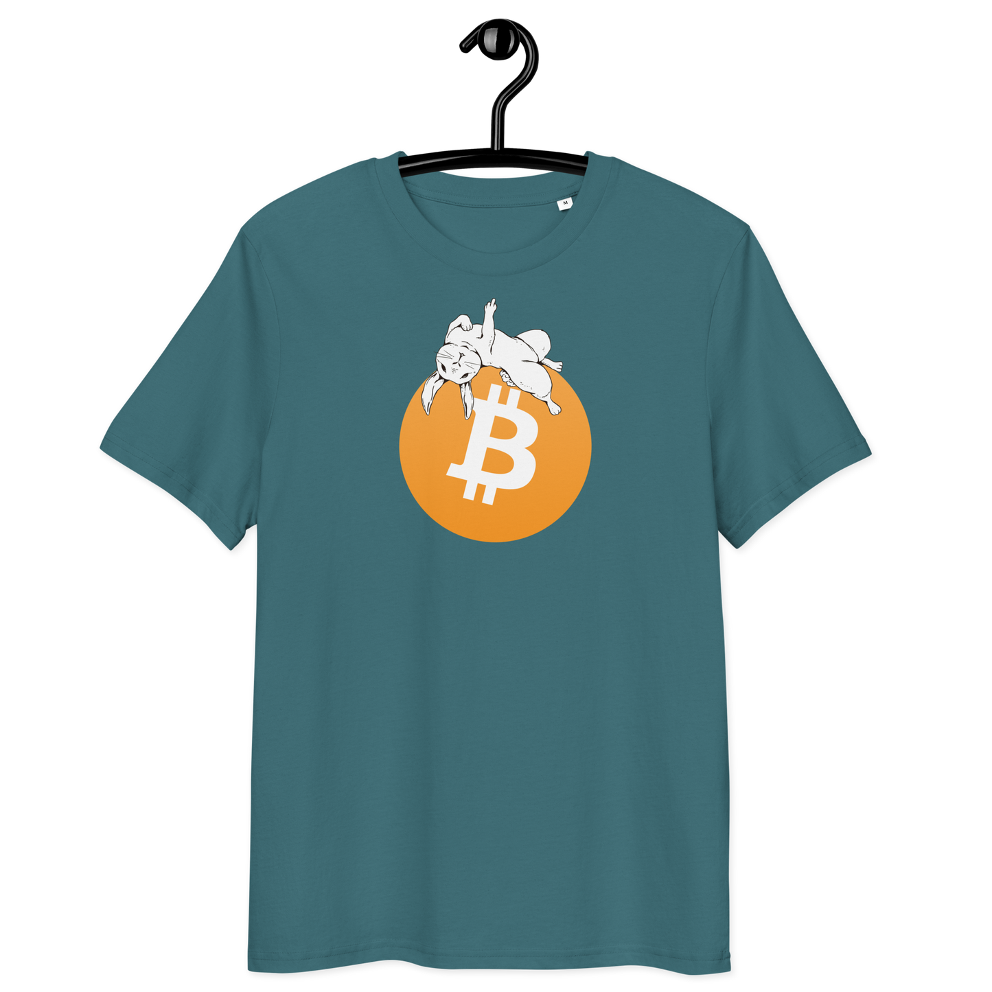 Front view of a stargazer colored bitcoin t-shirt.