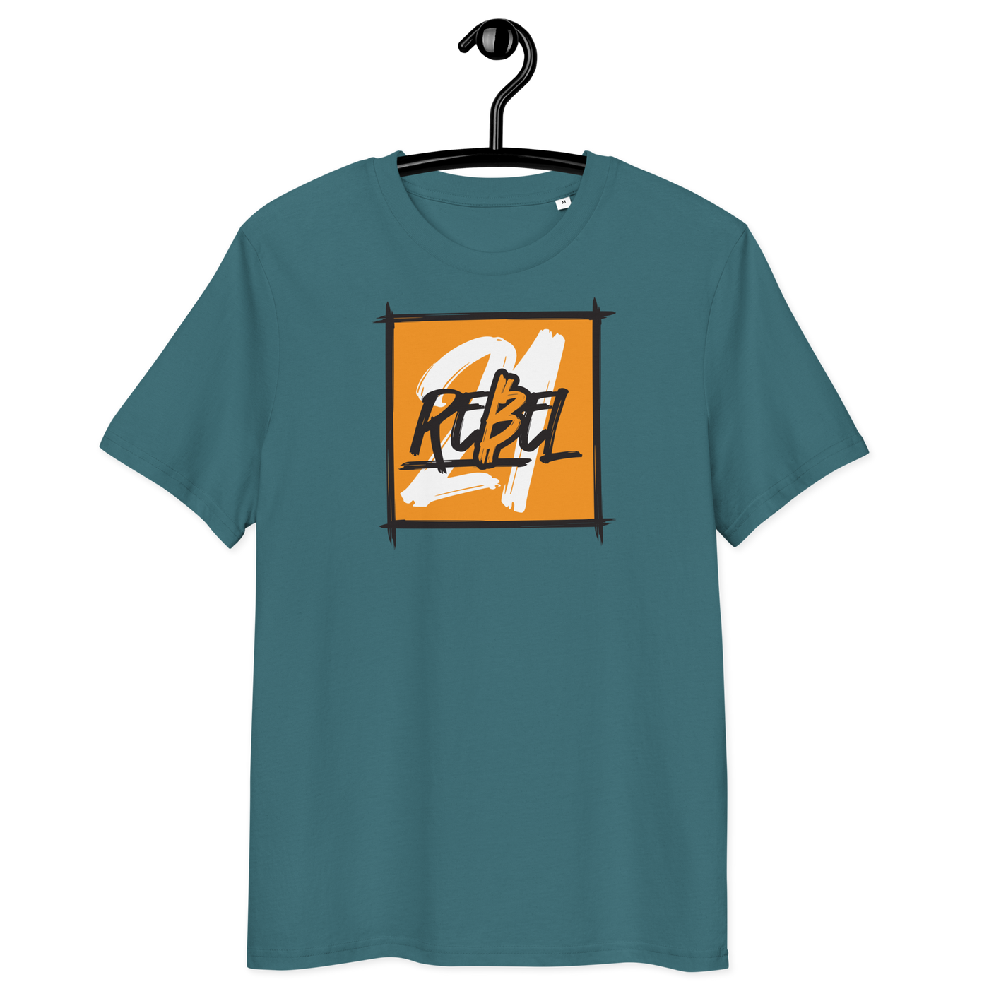 21 Rebel organic cotton bitcoin t-shirt with eco-friendly certification logos