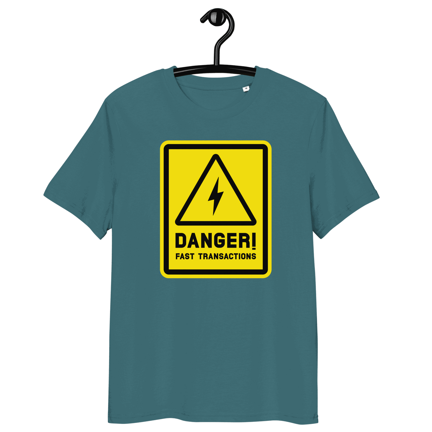 Certification logos for OEKO-TEX, PETA, GOTS, OCS, and GRS on organic cotton Lightning bitcoin t-shirt