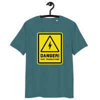 Certification logos for OEKO-TEX, PETA, GOTS, OCS, and GRS on organic cotton Lightning bitcoin t-shirt