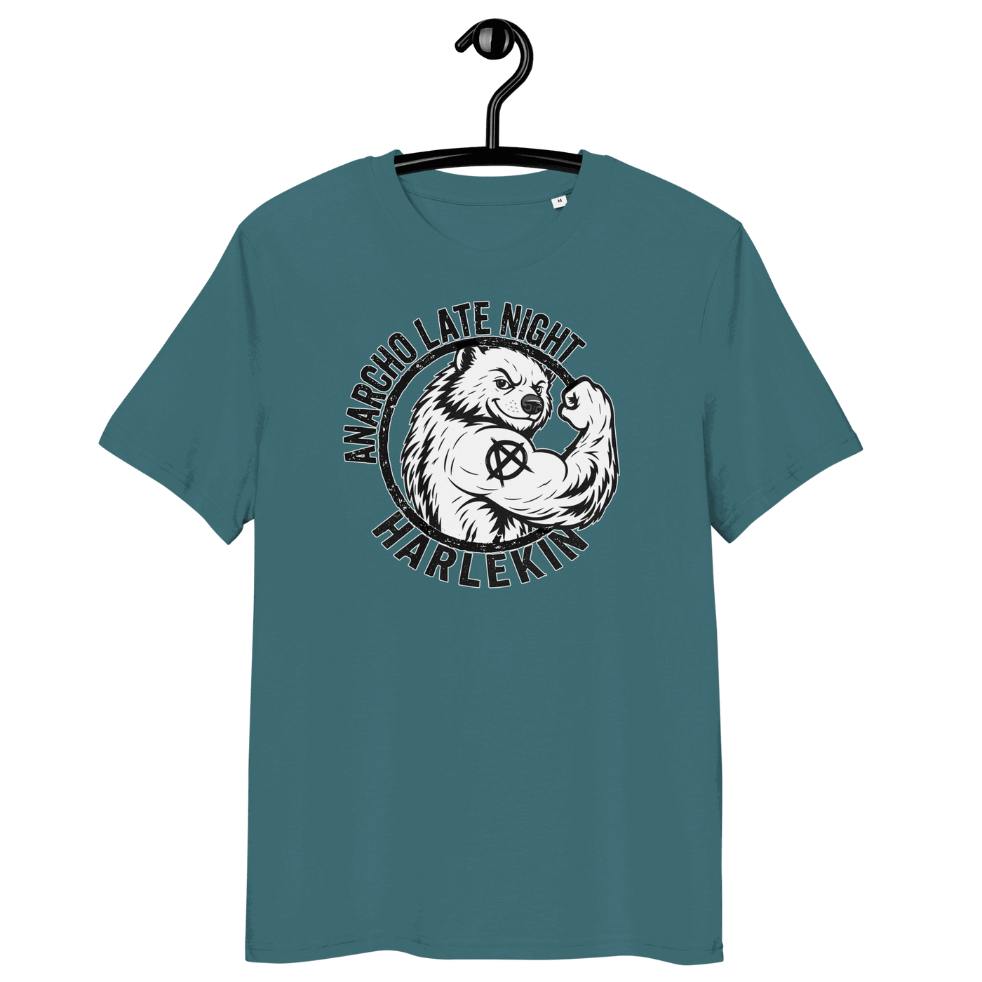 Anarcho Late Night organic cotton t-shirt with eco-friendly certification logos