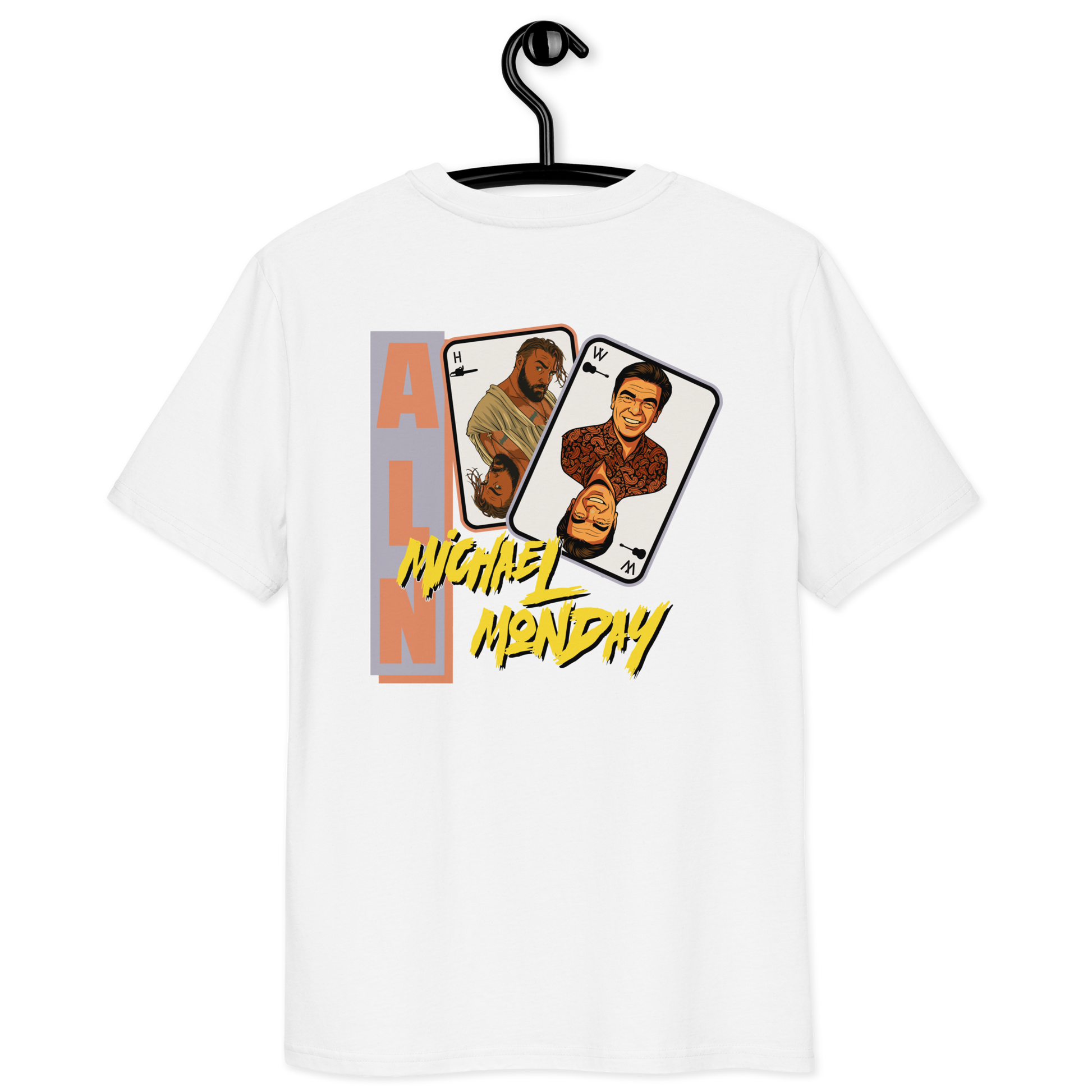 Back view of a white aln t-shirt.