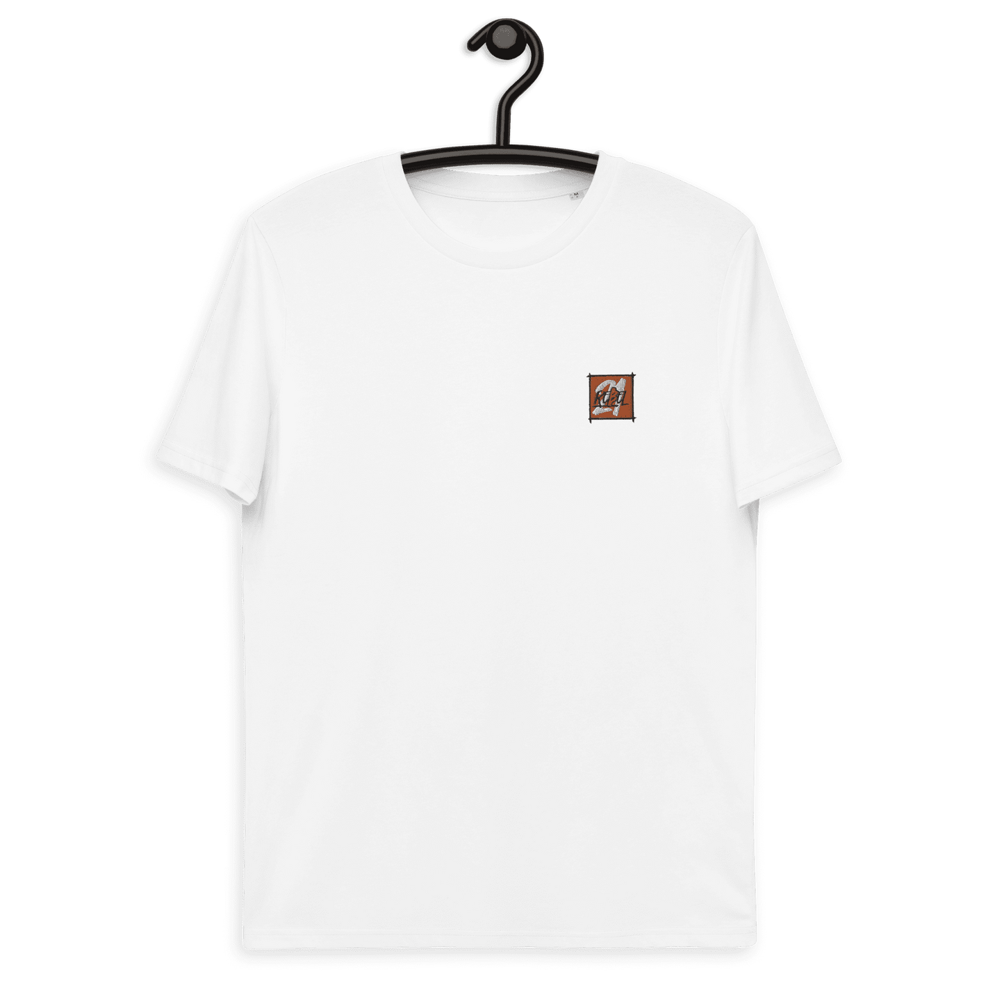 Front view of a white embroidered bitcoin t-shirt.