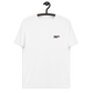 Front view of a white embroidered bitcoin t-shirt.
