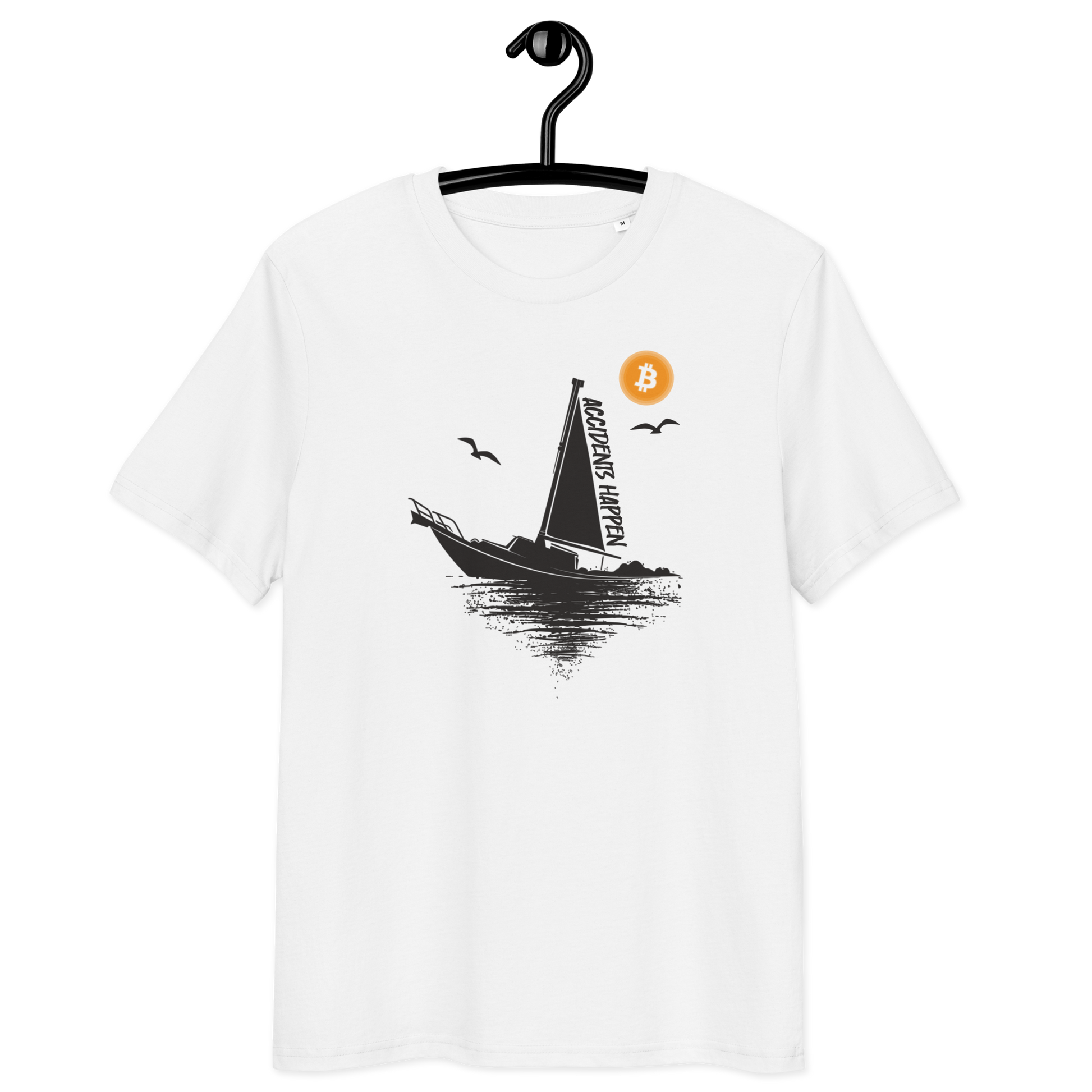 Front view of a white bitcoin t-shirt.