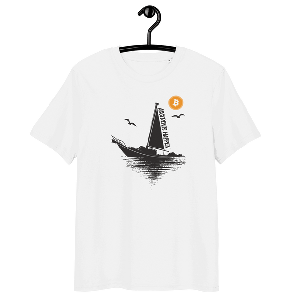 Eco-friendly organic cotton Boat Accident Bitcoin meme T-shirt with certification logos