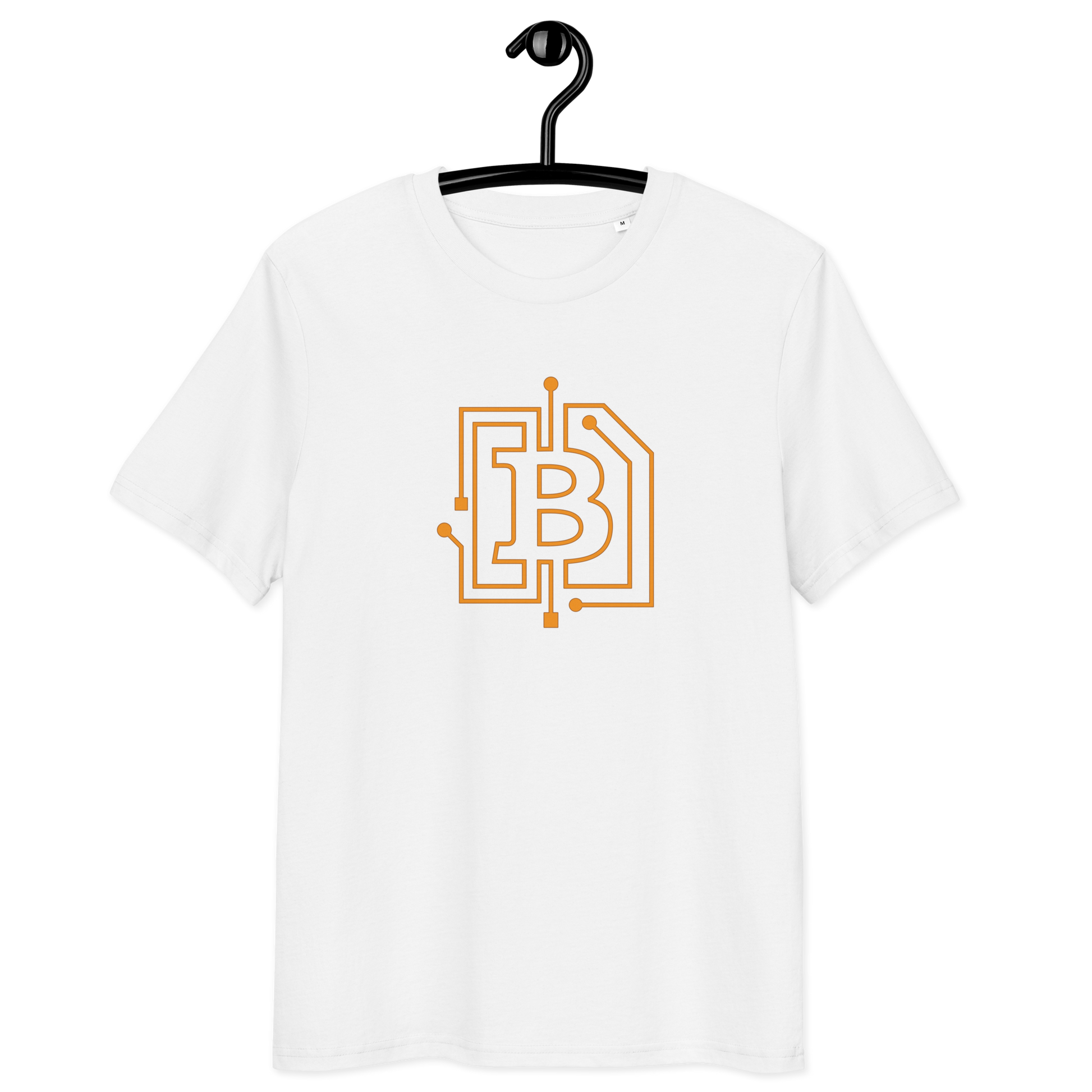 Front view of a white bitcoin t-shirt.