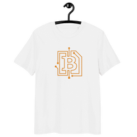 Certification logos for OEKO-TEX, PETA, GOTS, OCS, and GRS on organic cotton circuit board bitcoin t-shirt