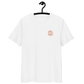 Front view of an embroidered white bitcoin t-shirt.