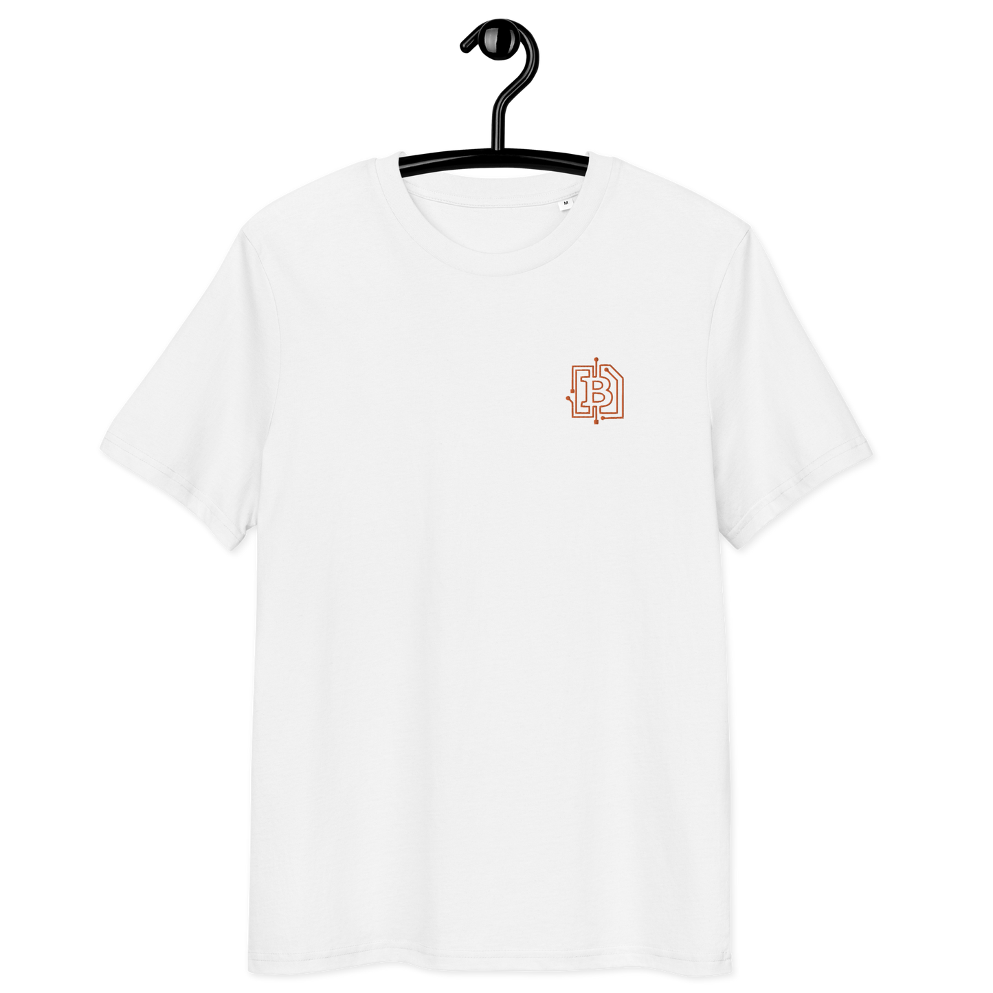 Front view of an embroidered white bitcoin t-shirt.