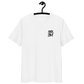 Front view of a white embroidered bitcoin t-shirt.