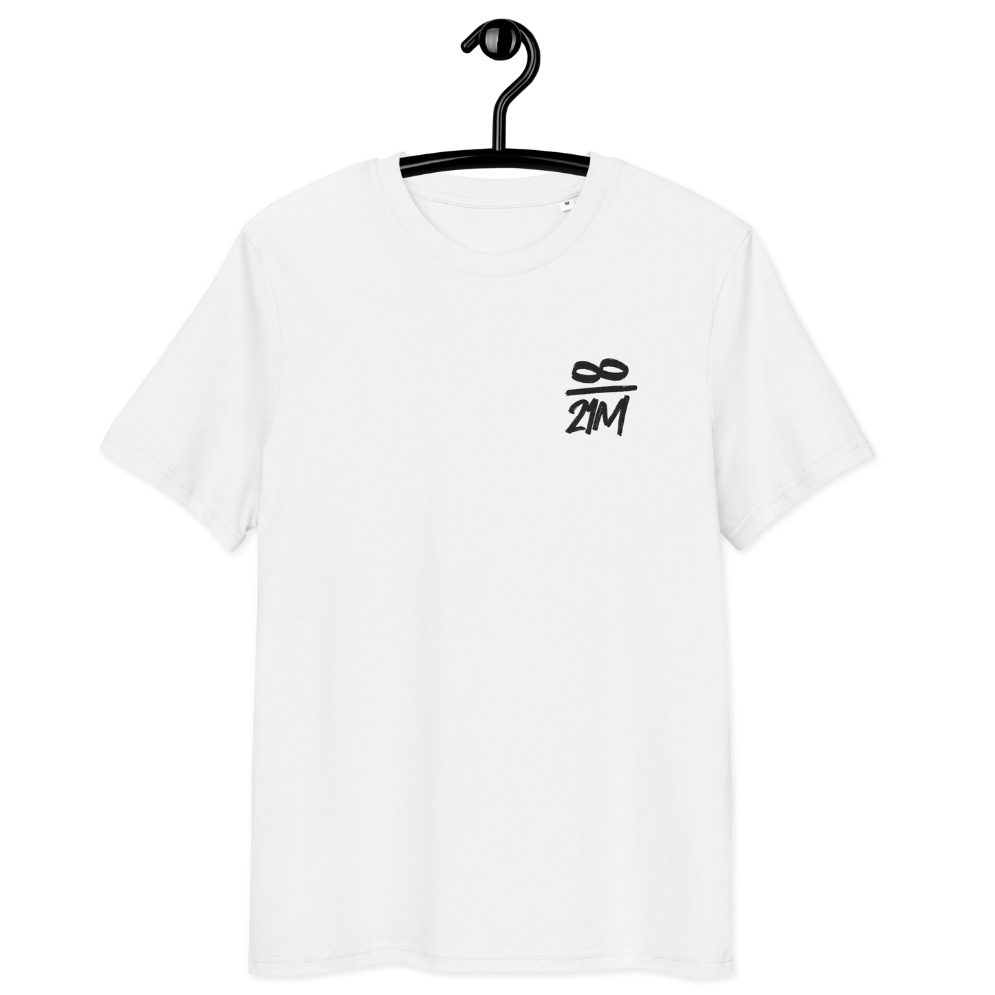 Front view of a white embroidered bitcoin t-shirt.