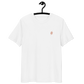 Front view of a white embroidered bitcoin t-shirt.