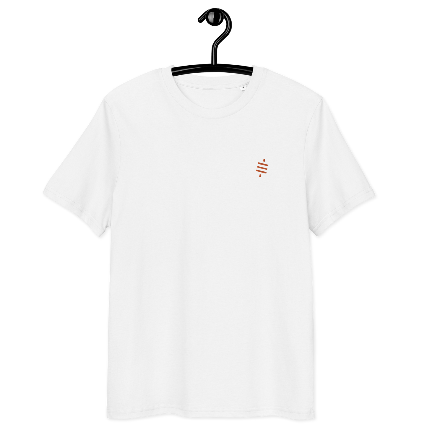 Front view of a white embroidered bitcoin t-shirt.