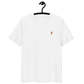 Front view of a white embroidered bitcoin t-shirt.