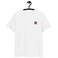 Front view of a white embroidered bitcoin t-shirt.