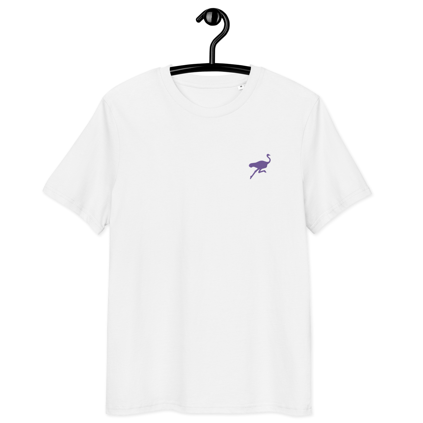 Front view of a white embroidered nostr t-shirt.