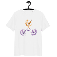 Organic cotton Bitcoin t-shirt with certifications promoting freedom and censorship-resistant technologies Trinity of Freedom design